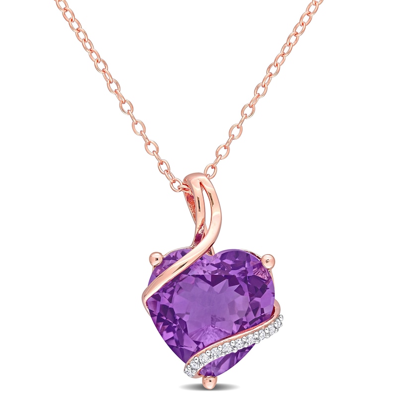 12.0mm Heart-Shaped Amethyst and 0.05 CT. T.W. Diamond Ribbon Overlay Pendant in Sterling Silver with Rose Rhodium