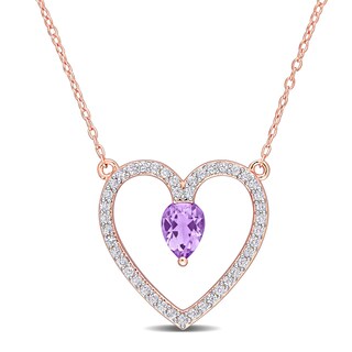Pear-Shaped Amethyst and White Topaz Heart Outline Necklace in Sterling Silver with Rose Rhodium - 17"
