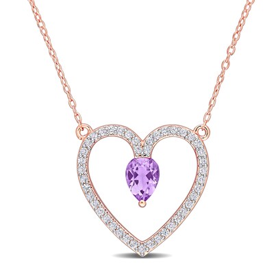 Pear-Shaped Amethyst and White Topaz Heart Outline Necklace in Sterling Silver with Rose Rhodium - 17"