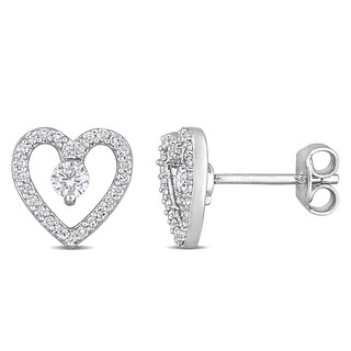 3.0mm White Topaz and 0.20 CT. T.W. Diamond Heart Outline Stud Earrings in Sterling Silver