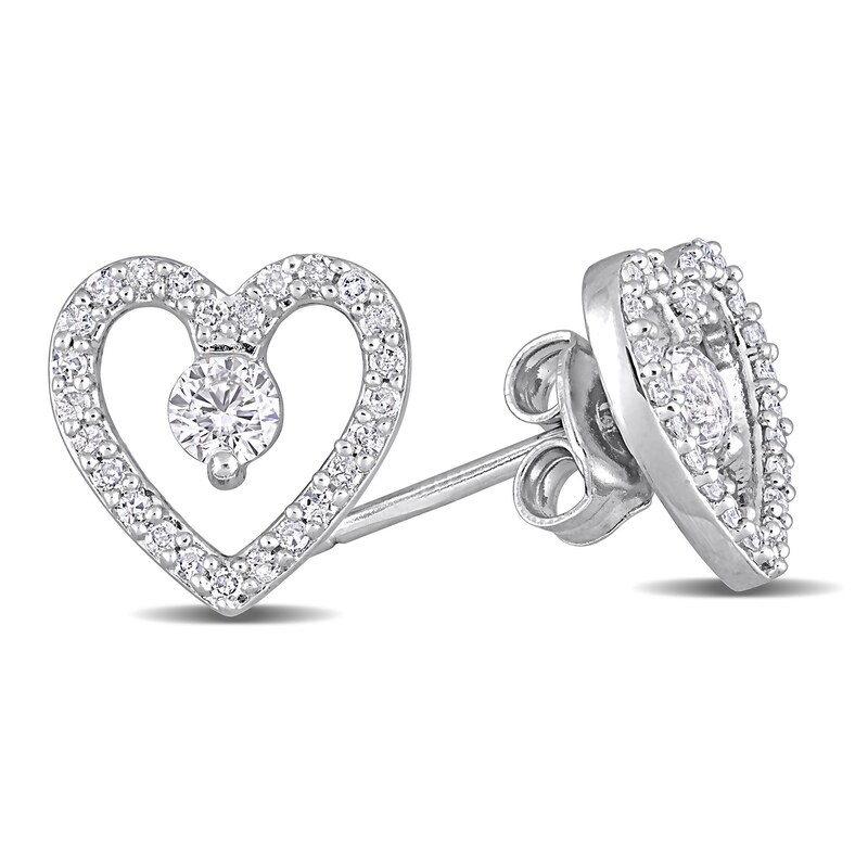 3.0mm White Topaz and 0.20 CT. T.W. Diamond Heart Outline Stud Earrings in Sterling Silver