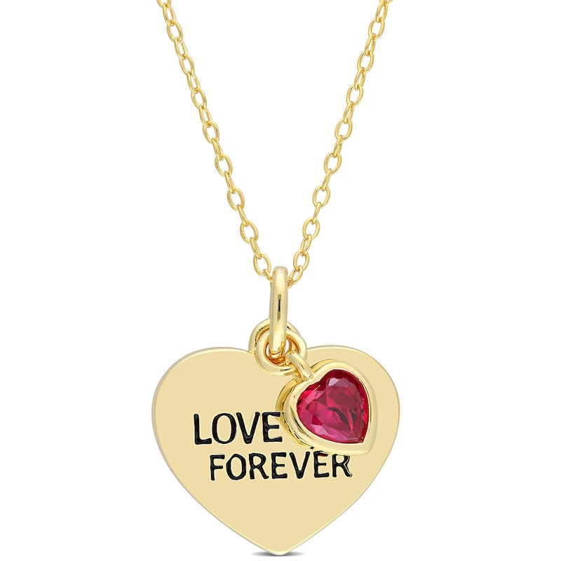 5.0mm Lab-Created Heart-Shaped Ruby Charm "LOVE YOU FOREVER" Heart Disc Pendant in Sterling Silver with Yellow Rhodium