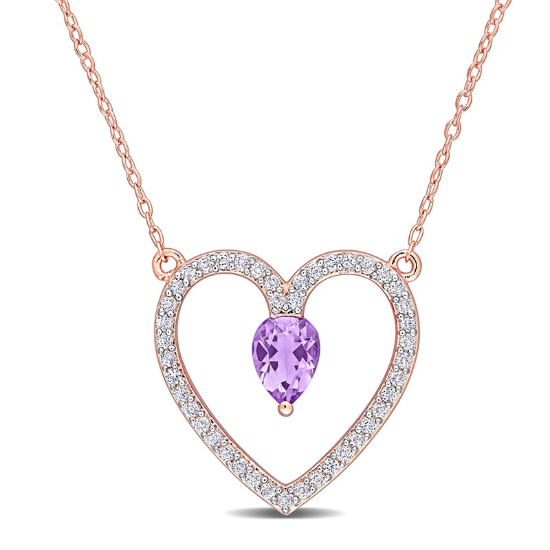 Pear-Shaped Amethyst and White Topaz Heart Outline Necklace in Sterling Silver with Rose Rhodium - 17"