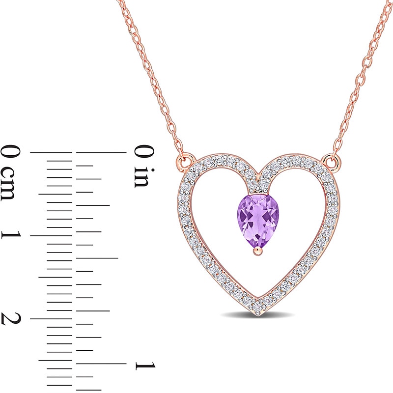 Pear-Shaped Amethyst and White Topaz Heart Outline Necklace in Sterling Silver with Rose Rhodium - 17"