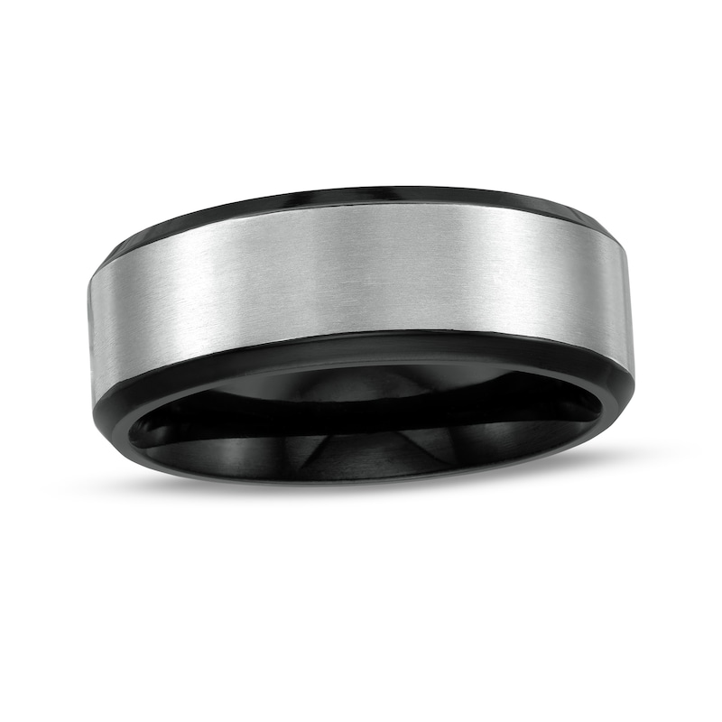 Men's 8.0mm Brushed Beveled Edge Comfort-Fit Wedding Band in Titanium and Black IP|Peoples Jewellers