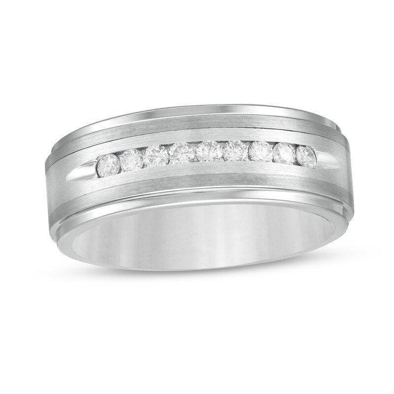 Men's 0.24 CT. T.W. Diamond Multi-Finish Stepped Edge Comfort-Fit Wedding Band in Stainless Steel and Tungsten - Size 10|Peoples Jewellers