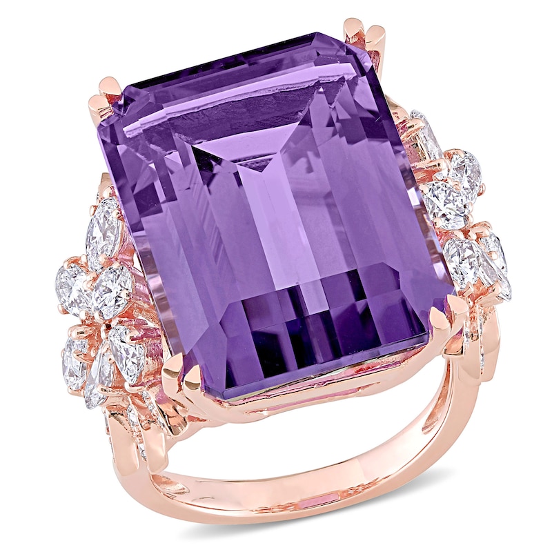 Emerald-Cut Amethyst and 1.75 CT. T.W. Multi-Shape Diamond Floral Side Accent Cocktail Ring in 14K Rose Gold|Peoples Jewellers