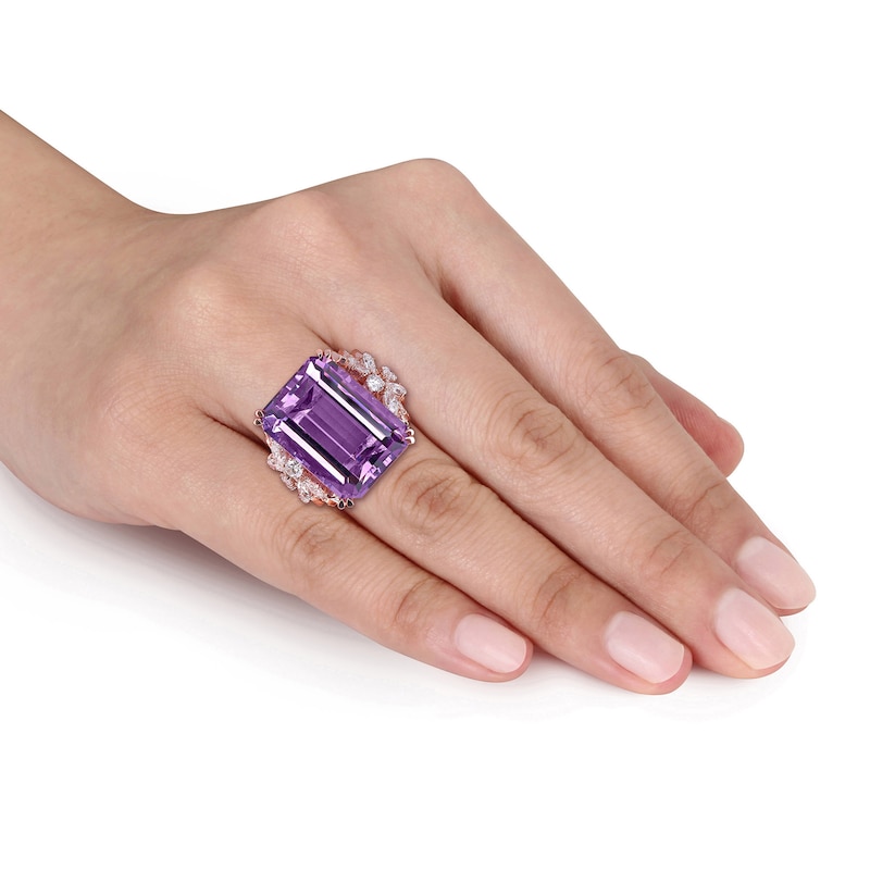 Emerald-Cut Amethyst and 1.75 CT. T.W. Multi-Shape Diamond Floral Side Accent Cocktail Ring in 14K Rose Gold