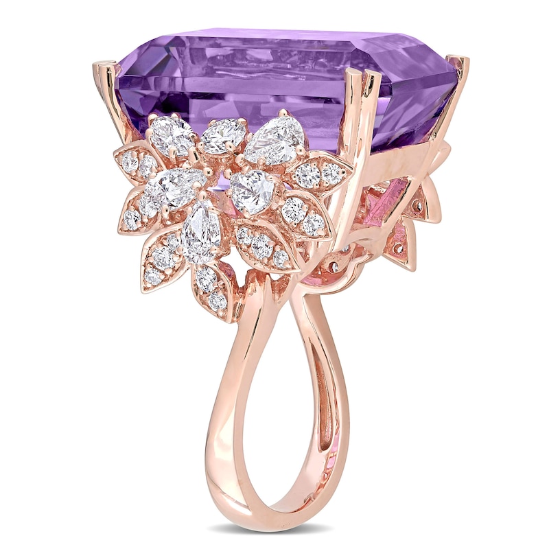 Emerald-Cut Amethyst and 1.75 CT. T.W. Multi-Shape Diamond Floral Side Accent Cocktail Ring in 14K Rose Gold