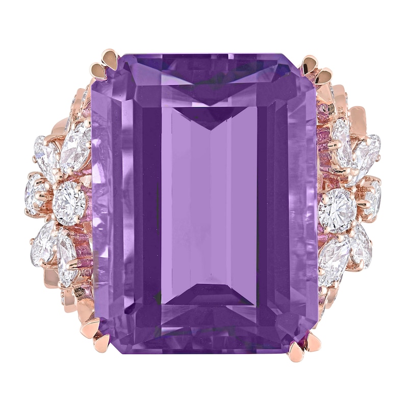 Emerald-Cut Amethyst and 1.75 CT. T.W. Multi-Shape Diamond Floral Side Accent Cocktail Ring in 14K Rose Gold