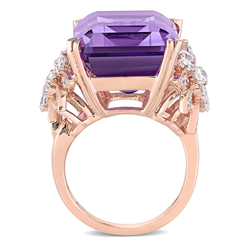 Emerald-Cut Amethyst and 1.75 CT. T.W. Multi-Shape Diamond Floral Side Accent Cocktail Ring in 14K Rose Gold