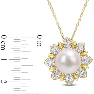 11.5-12.0mm Button Freshwater Cultured Pearl and White Topaz Sunburst Pendant in Sterling Silver with Yellow Rhodium