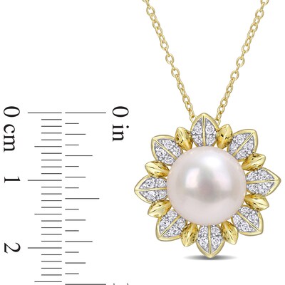 11.5-12.0mm Button Freshwater Cultured Pearl and White Topaz Sunburst Pendant in Sterling Silver with Yellow Rhodium
