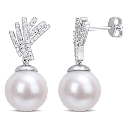 11.0-12.0mm Freshwater Cultured Pearl and 0.05 CT. T.W. Diamond Criss-Cross Fan Drop Earrings in Sterling Silver