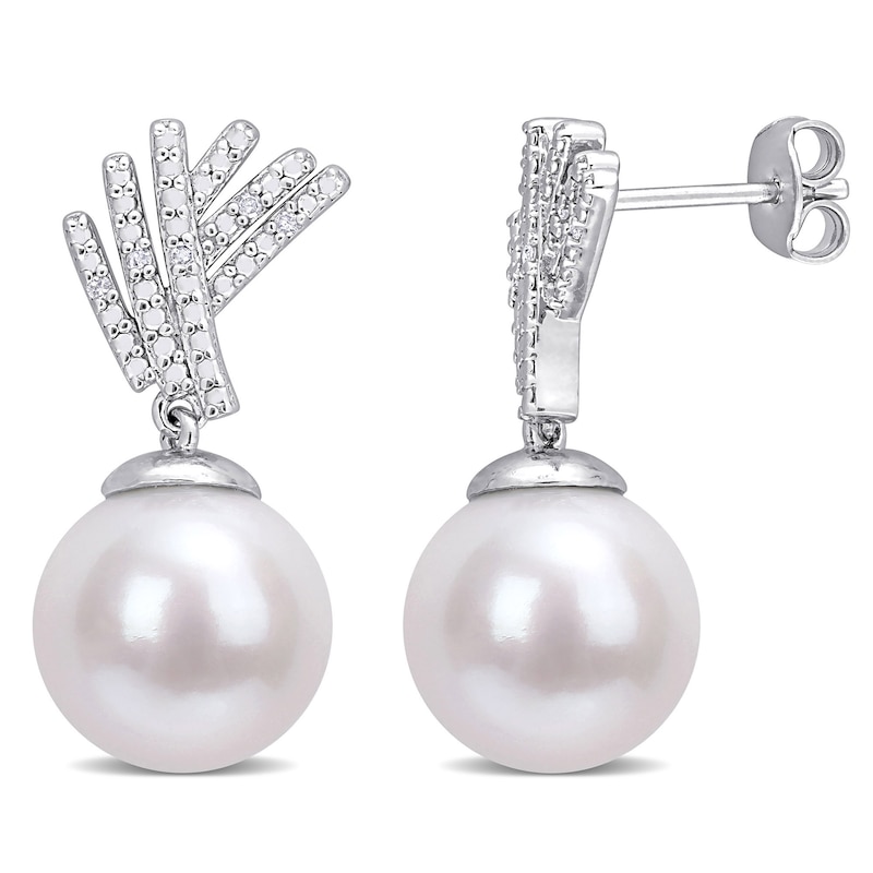 Main Image 1 of 11.0-12.0mm Freshwater Cultured Pearl and 0.05 CT. T.W. Diamond Criss-Cross Fan Drop Earrings in Sterling Silver
