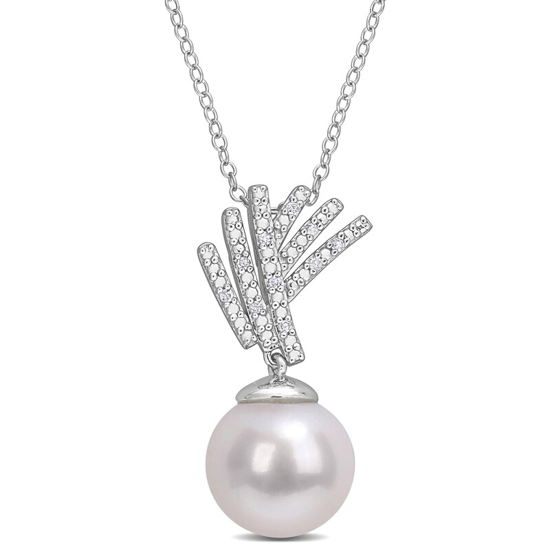 11.0-12.0mm Cultured Freshwater Pearl and 0.05 CT. T.W. Diamond Criss-Cross Fan Drop Pendant in Sterling Silver