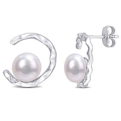 Button Freshwater Cultured Pearl and Lab-Created White Sapphire Abstract Open Circle Drop Earrings in Sterling Silver