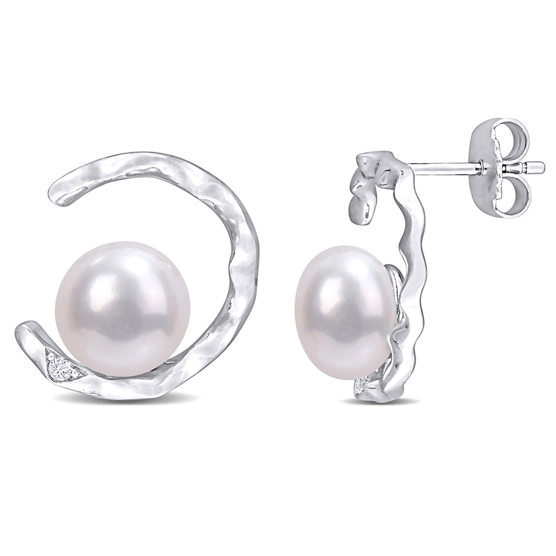 Button Cultured Freshwater Pearl and Lab-Created White Sapphire Abstract Open Circle Drop Earrings in Sterling Silver|Peoples Jewellers