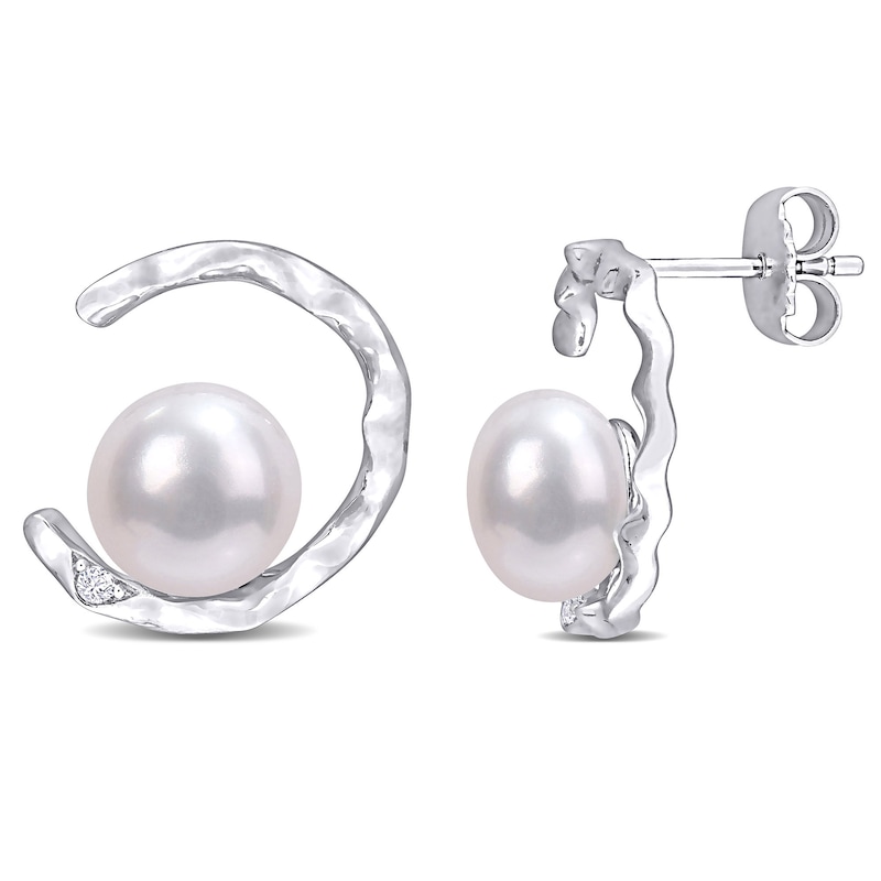 Button Freshwater Cultured Pearl and Lab-Created White Sapphire Abstract Open Circle Drop Earrings in Sterling Silver