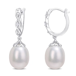 8.0-8.5mm Oval Cultured Freshwater Pearl and Diamond Accent Twist Drop Earrings in Sterling Silver