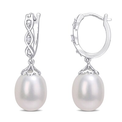 8.0-8.5mm Oval Freshwater Cultured Pearl and Diamond Accent Twist Drop Earrings in Sterling Silver