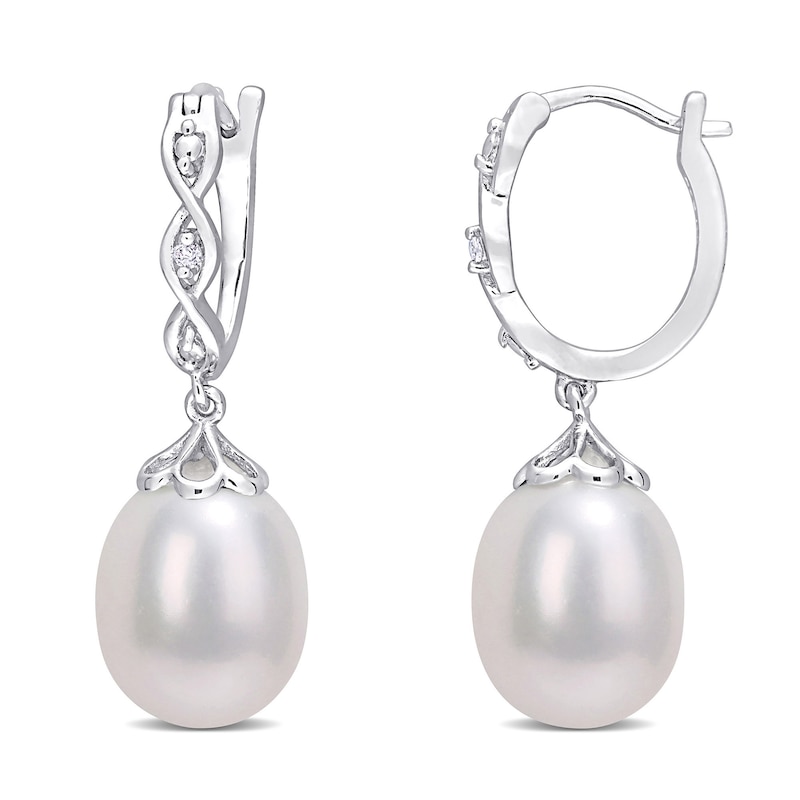 8.0-8.5mm Oval Cultured Freshwater Pearl and Diamond Accent Twist Drop Earrings in Sterling Silver|Peoples Jewellers