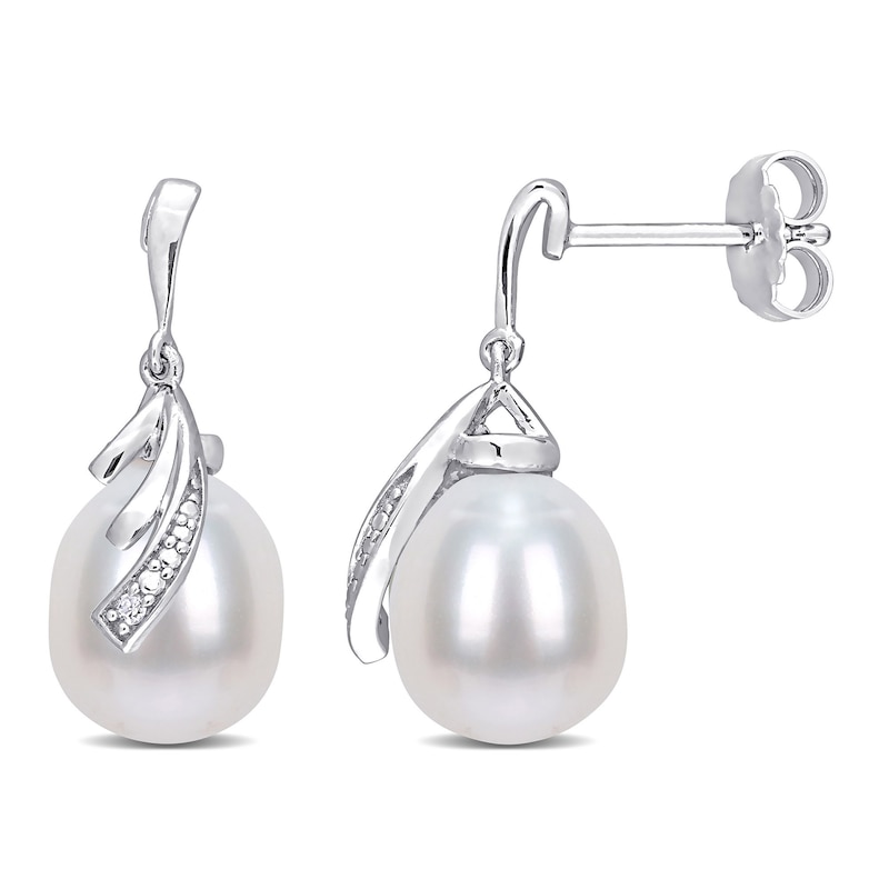 8.0-8.5mm Oval Cultured Freshwater Pearl and Diamond Accent Tiered Ribbon Overlay Drop Earrings in Sterling Silver|Peoples Jewellers