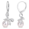 Thumbnail Image 0 of 7.5-8.0mm Oval Cultured Freshwater Pearl and Diamond Accent Bow Drop Earrings in Sterling Silver
