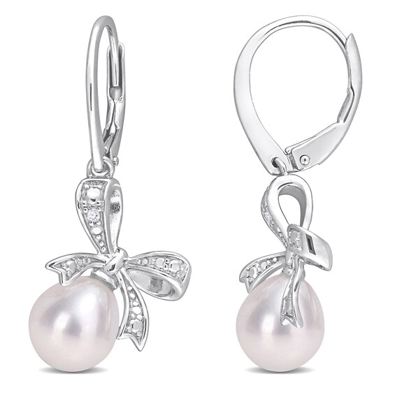 7.5-8.0mm Oval Freshwater Cultured Pearl and Diamond Accent Bow Drop Earrings in Sterling Silver