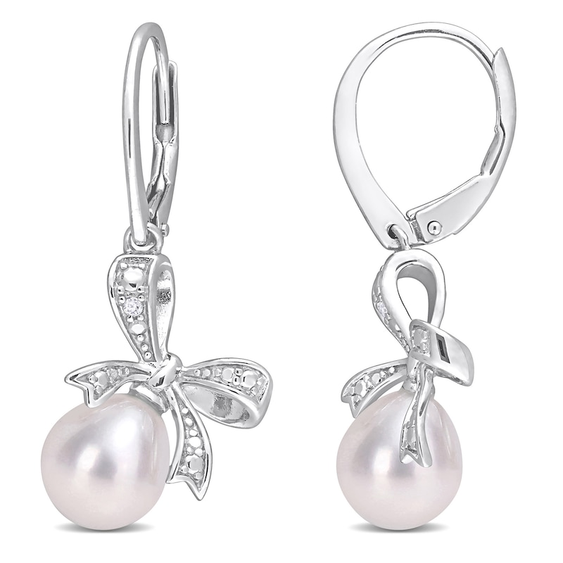 Main Image 1 of 7.5-8.0mm Oval Freshwater Cultured Pearl and Diamond Accent Bow Drop Earrings in Sterling Silver