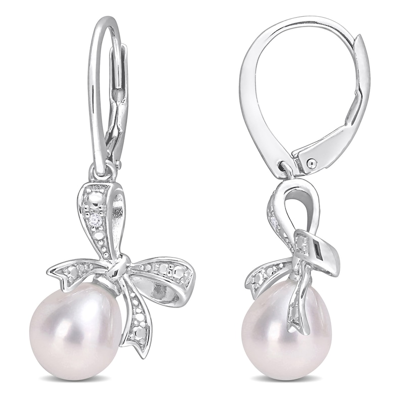 7.5-8.0mm Oval Cultured Freshwater Pearl and Diamond Accent Bow Drop Earrings in Sterling Silver|Peoples Jewellers