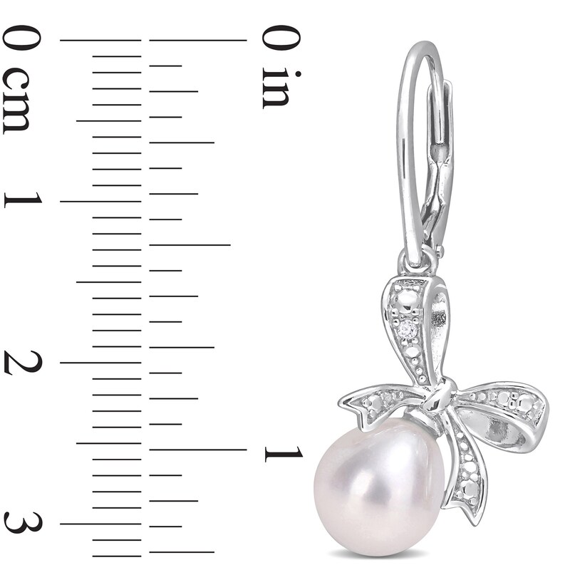Main Image 3 of 7.5-8.0mm Oval Freshwater Cultured Pearl and Diamond Accent Bow Drop Earrings in Sterling Silver