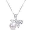 Thumbnail Image 0 of 8.5-9.0mm Oval Cultured Freshwater Pearl and Diamond Accent Bow Pendant in Sterling Silver