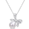 8.5-9.0mm Oval Freshwater Cultured Pearl and Diamond Accent Bow Pendant in Sterling Silver