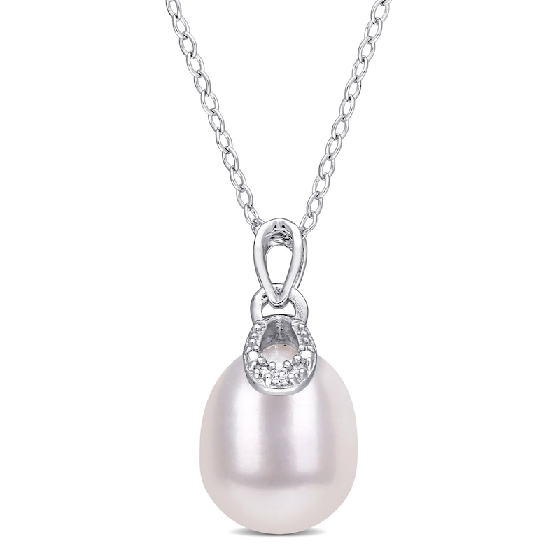 8.5-9.0mm Oval Freshwater Cultured Pearl and Diamond Accent Doorknocker Drop Pendant in Sterling Silver