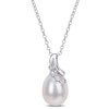 8.5-9.0mm Oval Freshwater Cultured Pearl and Diamond Accent Scallop Ribbon Overlay Swirl Pendant in Sterling Silver