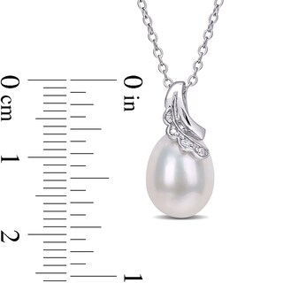 8.5-9.0mm Oval Freshwater Cultured Pearl and Diamond Accent Scallop Ribbon Overlay Swirl Pendant in Sterling Silver