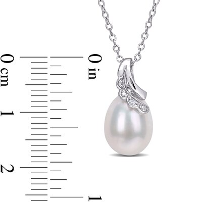 8.5-9.0mm Oval Freshwater Cultured Pearl and Diamond Accent Scallop Ribbon Overlay Swirl Pendant in Sterling Silver