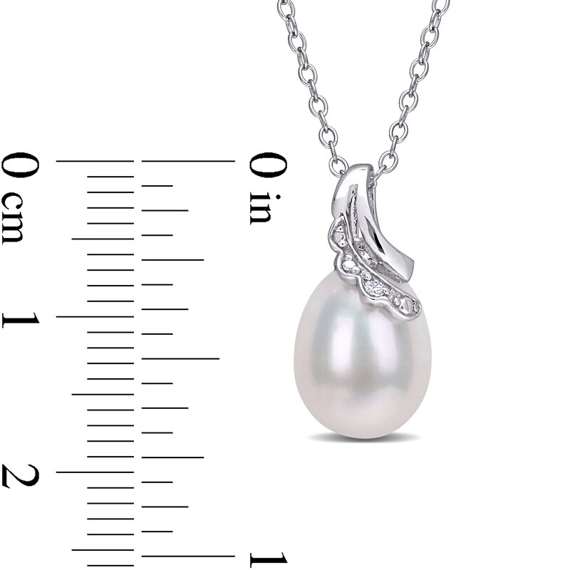 8.5-9.0mm Oval Freshwater Cultured Pearl and Diamond Accent Scallop Ribbon Overlay Swirl Pendant in Sterling Silver