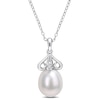 Thumbnail Image 1 of 8.5-9.0mm Oval Freshwater Cultured Pearl and Diamond Accent Scroll Petal Flower Drop Pendant in Sterling Silver