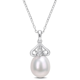 8.5-9.0mm Oval Freshwater Cultured Pearl and Diamond Accent Scroll Petal Flower Drop Pendant in Sterling Silver