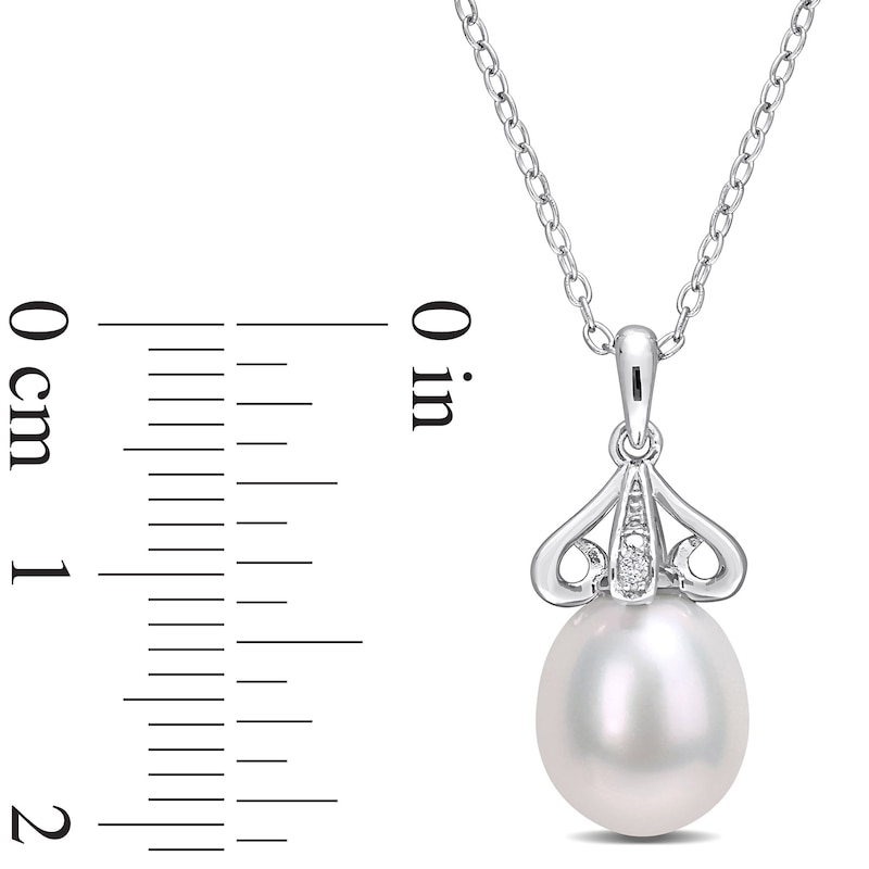 Main Image 3 of 8.5-9.0mm Oval Freshwater Cultured Pearl and Diamond Accent Scroll Petal Flower Drop Pendant in Sterling Silver