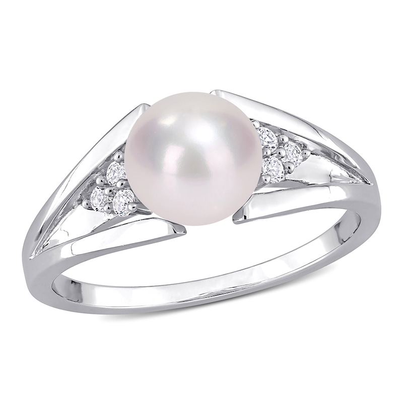 Main Image 1 of 7.0-7.5mm Freshwater Cultured Pearl and Diamond Accent Tri-Sides Split Shank Ring in Sterling Silver