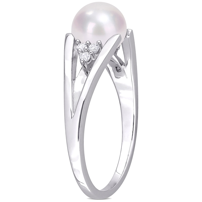 Main Image 3 of 7.0-7.5mm Freshwater Cultured Pearl and Diamond Accent Tri-Sides Split Shank Ring in Sterling Silver