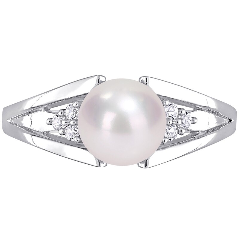 Main Image 4 of 7.0-7.5mm Freshwater Cultured Pearl and Diamond Accent Tri-Sides Split Shank Ring in Sterling Silver