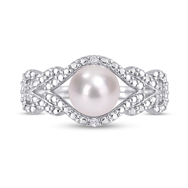 7.0-7.5mm Cultured Freshwater Pearl and Diamond Accent Beaded Evil Eye Braided Split Shank Ring in Sterling Silver