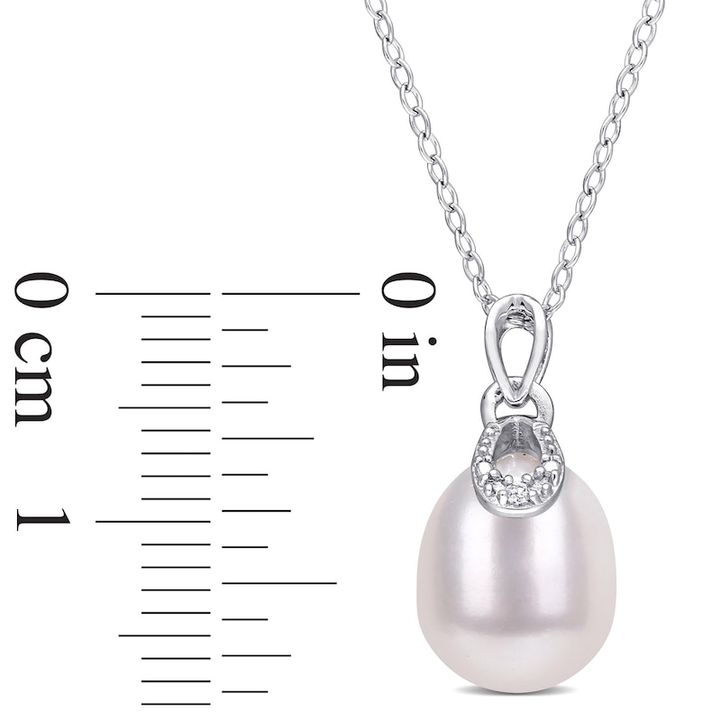 8.5-9.0mm Oval Freshwater Cultured Pearl and Diamond Accent Doorknocker Drop Pendant in Sterling Silver