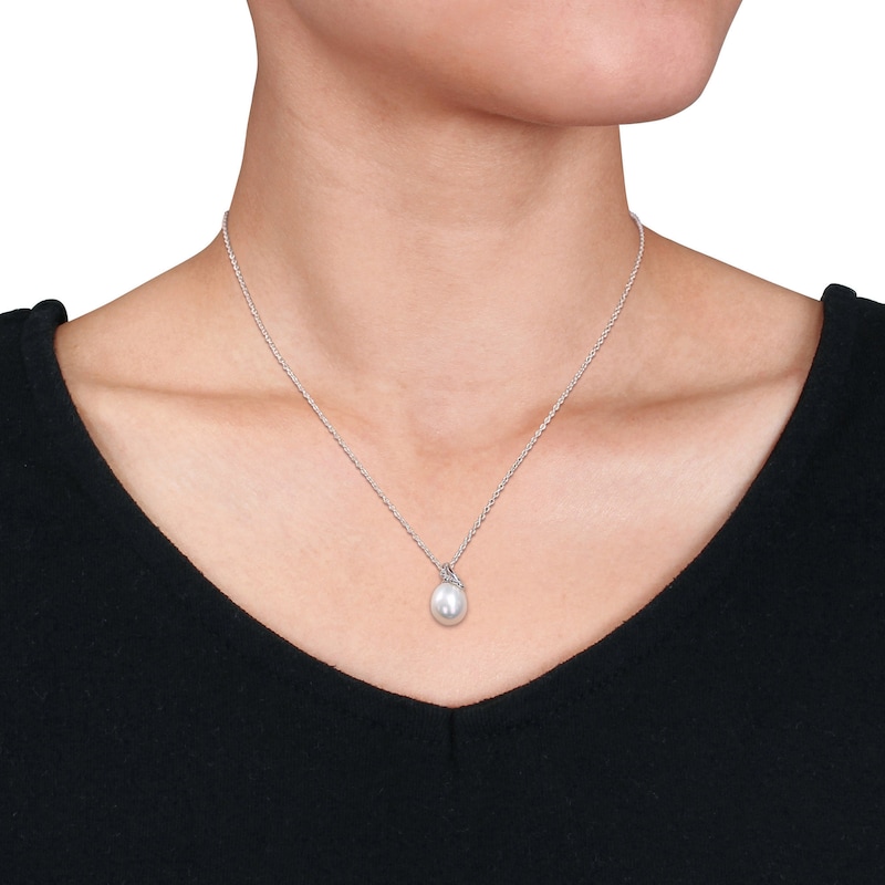 8.5-9.0mm Oval Freshwater Cultured Pearl and Diamond Accent Scallop Ribbon Overlay Swirl Pendant in Sterling Silver