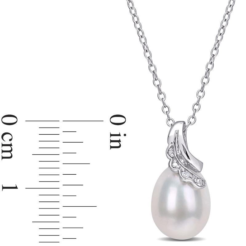 8.5-9.0mm Oval Freshwater Cultured Pearl and Diamond Accent Scallop Ribbon Overlay Swirl Pendant in Sterling Silver
