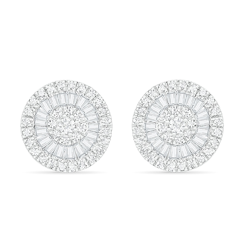 0.45 CT. T.W. Composite Baguette and Round Diamond Frame Stud Earrings in 10K White Gold|Peoples Jewellers